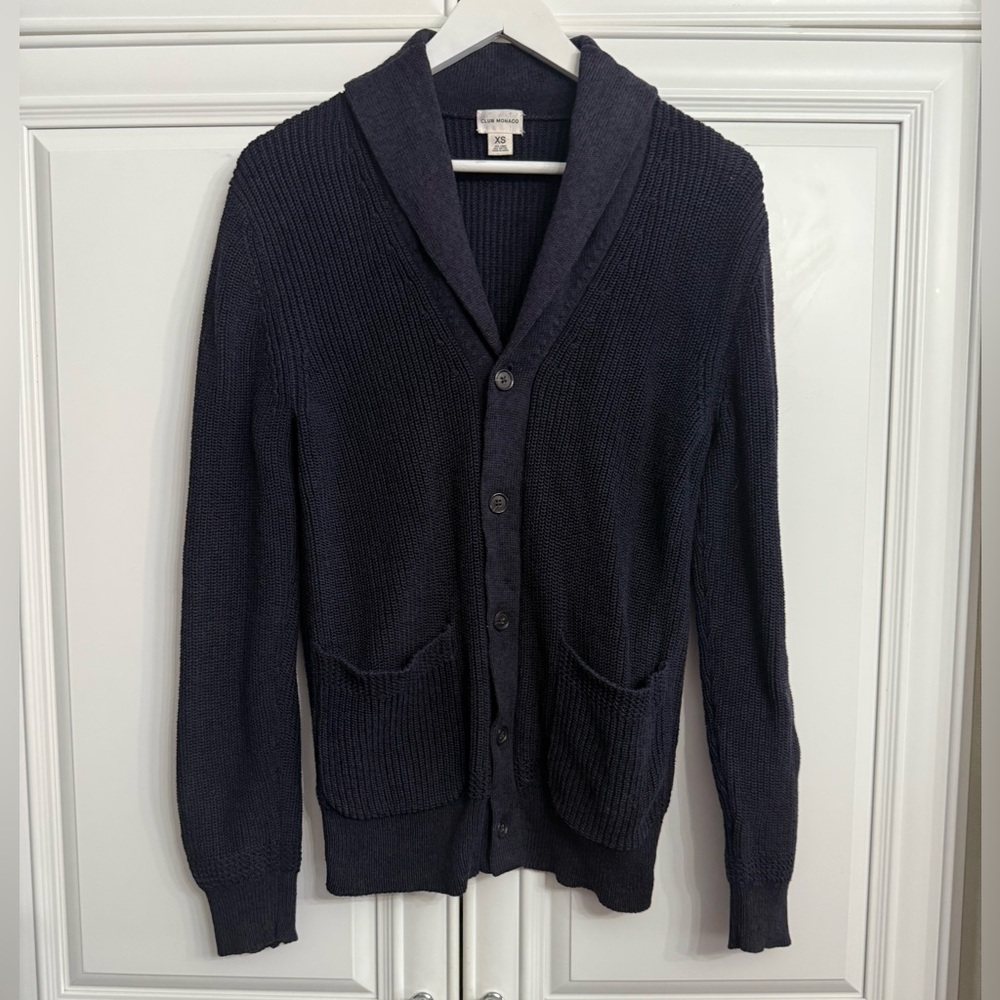 Club Monaco Men’s XS Navy Shawl Collar Cardigan Sweater Buttons Linen/Cotton